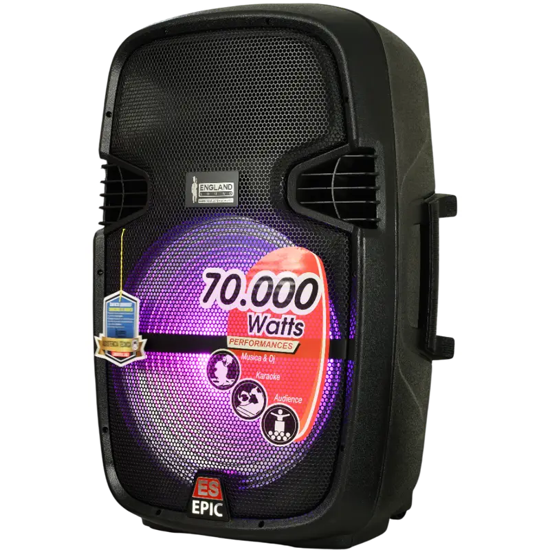 CAJA AMPLIFICADA 15 PULG., 130.000W PMOP, BASS & TREBLE, ENTRADA 3.5, LUZ RGB, INCLUYE UN MICROFONO Y PEDESTAL - Imagen 1