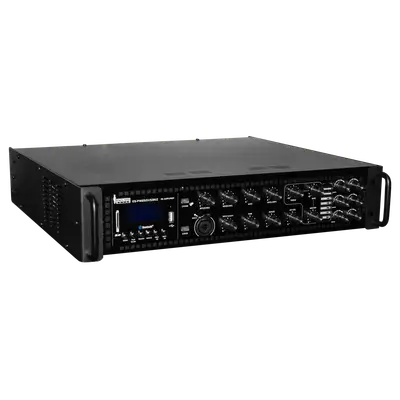 MEZCLADORA AMPLIFICADA, 6 ZONAS CON CONTROL REMOTO, 250W, USB, SD CARD, MP3, BT, RADIO FM, 70V-100V, 4-16 OHM, SIRENA, TIMBRE