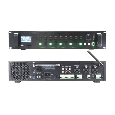 MEZCLADORA AMPLIFICADA, 4 ZONAS CON CONTROL REMOTO, 120W, USB, SD CARD, MP3, BT, RADIO FM, 100V, 4-8 OHM, SIRENA, TIMBRE