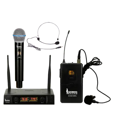 MICROFONO INALAMBRICO UHF MULTIFRECUENCIA, 2 CANALES, DE MANO/DE DIADEMA Y CORBATA, INCLUYE MALETA