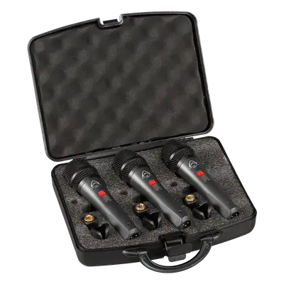 SET DE 3 MICROFONOS DE MANO METALICO, CON INTERRUPTOR, INCLUYE CABLE XLR A XLR CON MALETA