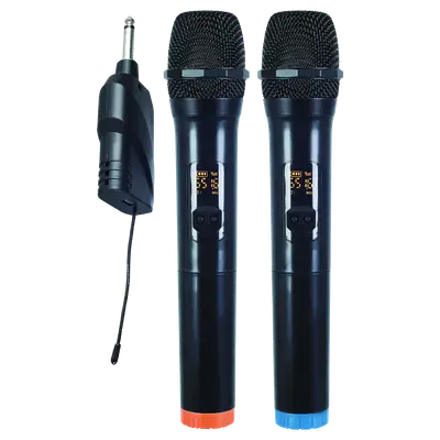 MICROFONO INALAMBRICO UHF MULTIFRECUENCIA, 2 CANALES, DE MANO, RECEPTOR PORTATIL RECARGABLE