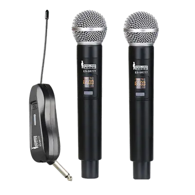 MICROFONO INALAMBRICO UHF MULTIFRECUENCIA, 2 CANALES, DE MANO, RECEPTOR PORTATIL RECARGABLE