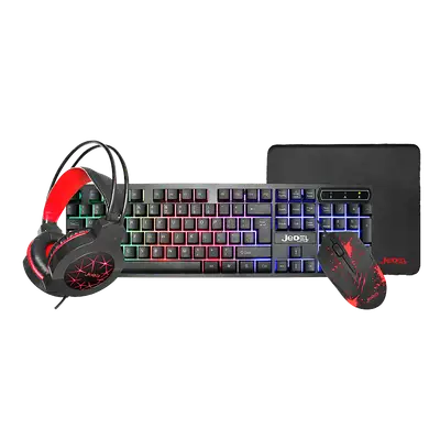 KIT GAMING 4 EN 1 DE TECLADO RETROILUMINADO CON CONECTOR USB Y MOUSE, 3 BOTONES, 1000 DPI, 7 COLORES RGB, AUDIFONOS ESTEREO Y MOUSEPAD