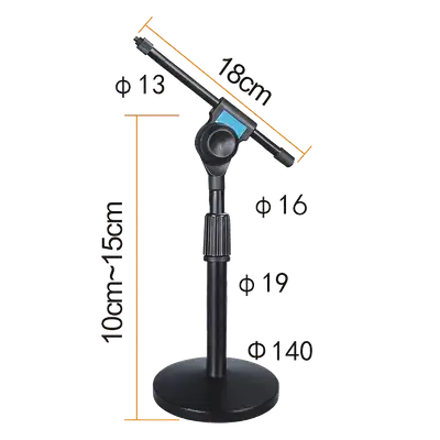 SOPORTE DE MESA BASE REDONDA PARA MICROFONO CON BOOM Y SUJETADOR, ALTURA 10-15CM
