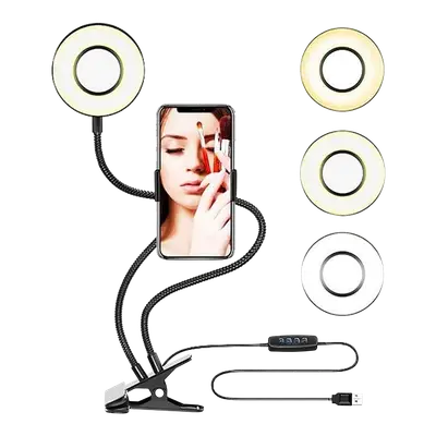 SOPORTE DE STREAMING FLEXIBLE DE MESA PARA UN CELULAR CON ARO DE LUZ 9CM, ALTURA HASTA 25CM