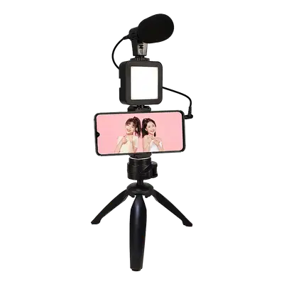 KIT DE STREAMING 4 EN 1, SUJETADOR PARA CELULARES CON TRIPODE DE MESA, MICROFONO Y LUZ LED