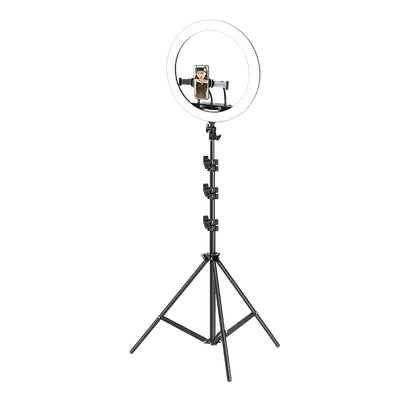 SOPORTE DE STREAMING PARA PISO BASE TRIPODE, PARA 3 CELULARES, ARO DE LUZ 46CM, ALTURA HASTA 210CM