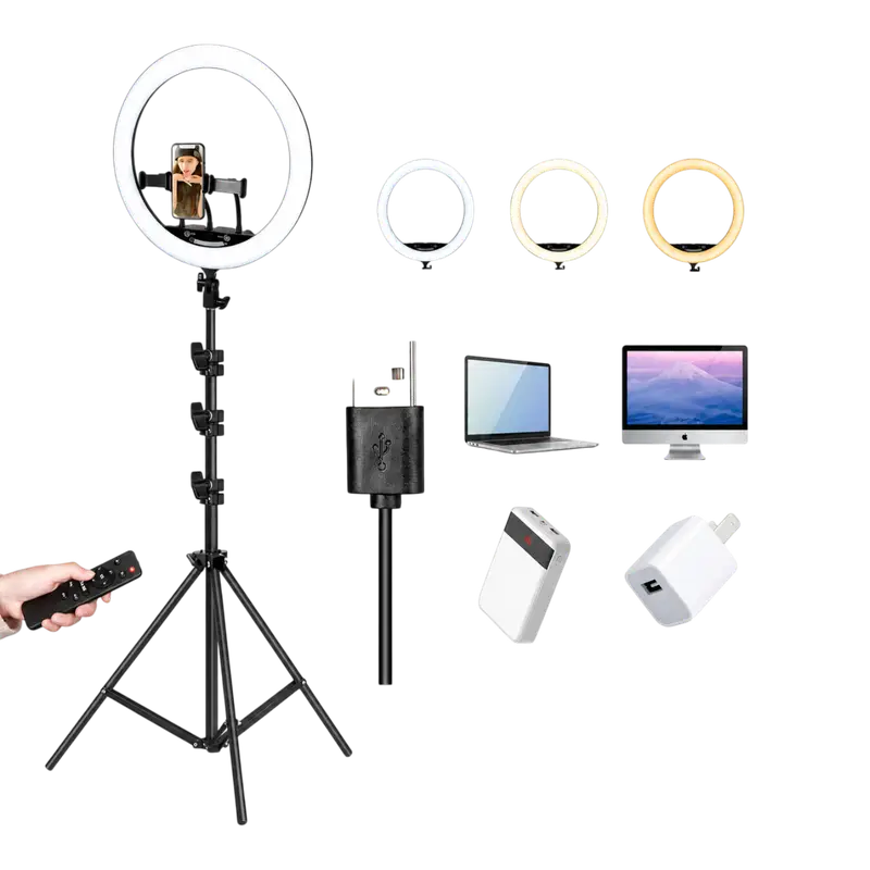 SOPORTE DE STREAMING PARA PISO BASE TRIPODE, PARA 3 CELULARES, ARO DE LUZ 46CM, ALTURA HASTA 210CM - Imagen 1