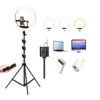 SOPORTE DE STREAMING PARA PISO BASE TRIPODE, PARA 3 CELULARES, ARO DE LUZ 46CM, ALTURA HASTA 210CM