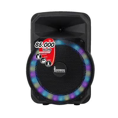 CAJA AMPLIFICADA CON BATERIA 10 PULG., 85.000W PMOP, REPRODUCTOR ANALOGICO DIGITAL, ENTRADA MIC 1/4, 3.5MM , EFECTO ECO, BASS & TREBLE, LUZ LED RGB, INCLUYE UN MICROFONO
