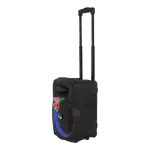 CAJA AMPLIFICADA CON BATERIA 10 PULG., 85.000W PMOP, REPRODUCTOR ANALOGICO DIGITAL, ENTRADA MIC 1/4, 3.5MM , EFECTO ECO, BASS & TREBLE, LUZ LED RGB, INCLUYE UN MICROFONO - Miniatura 3