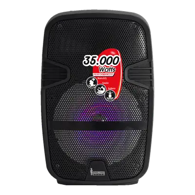 CAJA AMPLIFICADA CON BATERIA 8 PULG., 35.000W PMOP, REPRODUCTOR ANALOGICO DIGITAL, ENTRADA MIC 1/4, 3.5MM , EFECTO ECO, BASS & TREBLE, LUZ LED RGB, INCLUYE UN MICROFONO