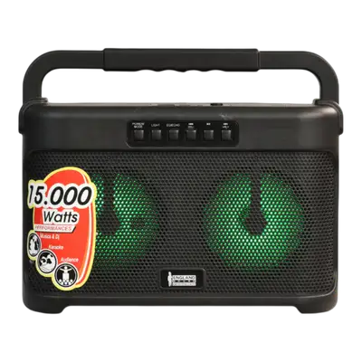 CAJA AMPL. CON BATERIA 2X4 PULG., 15.000W PMOP, REPRODUCTOR ANALOGICO DIGITAL, ENTRADA 3.5MM, LUZ LED RGB