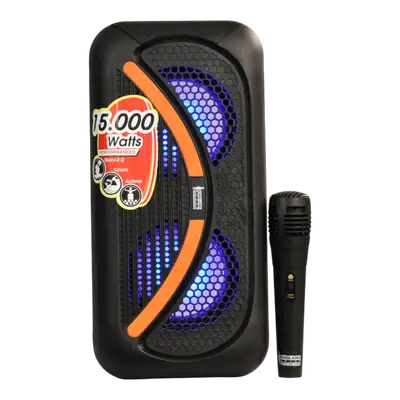 CAJA AMPL. CON BATERIA 2X4 PULG., REPRODUCTOR ANALOGICO DIGITAL, ENTRADA 3.5MM, LUZ LED RGB