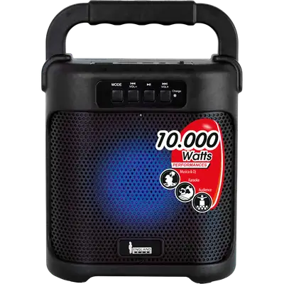 CAJA AMPLIFICADA CON BATERIA 4 PULG., 10.000W PMOP, CON BATERIA, REPRODUCTOR ANALOGICO DIGITAL, ENTRADA 3.5MM, LUZ LED RGB