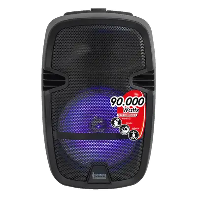 CAJA AMPLIFICADA CON BATERIA 10 PULG., 90.000W PMOP, BT, USB, MICRO SD, INCLUYE UN MICROFONO VHF