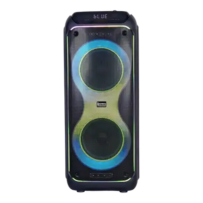 CAJA AMPL. CON BATERIA 2X10 PULG., REPRODUCTOR ANALOGICO DIGITAL,ENTRAJA JACK 1/4, 3.5MM, BASS & TREBLE, LUZ LED RGB, INCLUYE UN MICROFONO