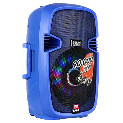 CAJA AMPLIFICADA 15 PULG. COLOR AZUL, 180.000W PMOP,  1 MIC 1/4 Y XLR, BASS & TREBLE, ENTRADA  XLR, RCA, SALIDA XLRS Y SPEAKON INCLUYE MICROFONO Y PEDESTAL