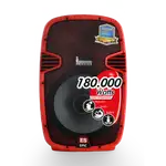CAJA AMPLIFICADA 15 PULG. COLOR ROJO, 180.000W PMOP,  1 MIC 1/4 Y XLR, BASS & TREBLE, ENTRADA  XLR, RCA, SALIDA XLRS Y SPEAKON INCLUYE MICROFONO Y PEDESTAL - Miniatura 1
