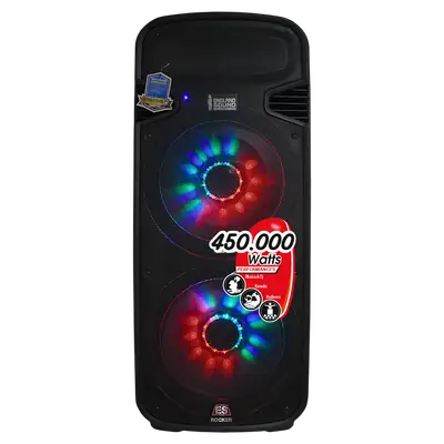 CAJA AMPLIFICADA 2X15 PULG., 450.000W PMOP, BT, USB, SD, INCLUYE UN MICROFONO