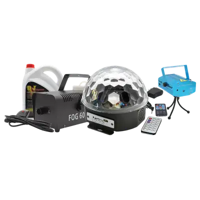 KIT DE LUCES, LASER Y CAMARA DE HUMO INCLUYE LIQUIDO DE HUMO