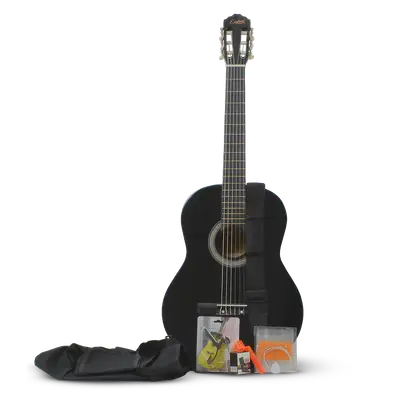 GUITARRA CLASICA 39" COLOR NEGRO, INCLUYE BOLSO, UN JUEGO DE CUERDAS DE REPUESTO, AFINADOR, CORREA