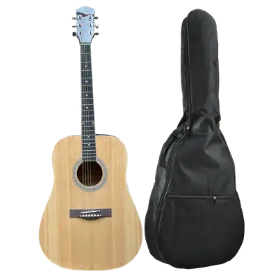 GUITARRA ACUSTCA COLOR NATURAL, ESCALA 41", INCLUYE  BOLSO, JUEGO DE CUERDAS DE REPUESTO, CAPO TRASTE, AFINADOR, CORREA, VITELA Y ENRROLLADOR DE CUERDAS
