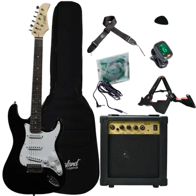 COMBO DE GUITARRA ELECTRICA TIPO STRATOCASTER COLOR NEGRO, INCLUYE AMPLIFICADOR DE 10W, CUERDAS DE RESPUESTO, CABLE, CORREA, AFINADOR, BOLSO, SOPORTE