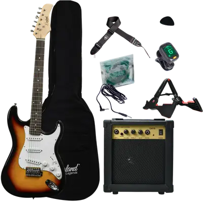 COMBO DE GUITARRA ELECTRICA TIPO STRATOCASTER COLOR AMARILLO, INCLUYE AMPLIFICADOR DE 10W, CUERDAS DE RESPUESTO, CABLE, CORREA, AFINADOR, BOLSO, SOPORTE
