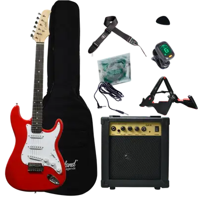 COMBO DE GUITARRA ELECTRICA TIPO STRATOCASTER COLOR ROJO, INCLUYE AMPLIFICADOR DE 10W, CUERDAS DE RESPUESTO, CABLE, CORREA, AFINADOR, BOLSO, SOPORTE