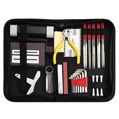 KIT DE HERRAMIENTAS PARA CALIBRAR GUITARRAS, INCLUYE PINZA DE CORTE, ENRROLLADOR DE CUERDAS, GALGAS, REGLA DE ALTURA DE CUERDAS, LIMAS, LIJA, PROTECTOR DE TRASTES