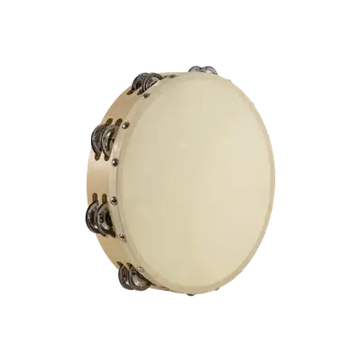 PANDERETA 8" REDONDA CON PARCHE, COLOR NATURAL, 12 PARES DE SONAJEROS DE LATON