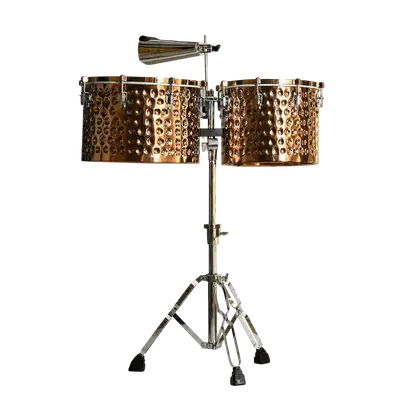 SET DE TIMBALES 14" - 15", INCLUYE SOPORTE Y CAMPANA DE 9" LP, PARCHES REMO