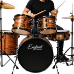 BATERIA ACUSTICA SET DE 5 PIEZAS COLOR MADERA NATURAL A RELIEVE Y HERRAJES COLOR NEGRO, INCLUYE SILLA  Y PLATILLOS - Miniatura 1