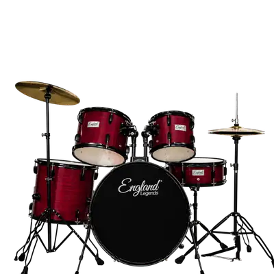 BATERIA ACUSTICA SET DE 5 PIEZAS COLOR MADERA ROJA A RELIEVE Y HERRAJES COLOR NEGRO, INCLUYE SILLA Y PLATILLOS