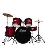 BATERIA ACUSTICA SET DE 5 PIEZAS COLOR MADERA ROJA A RELIEVE Y HERRAJES COLOR NEGRO, INCLUYE SILLA  Y PLATILLOS - Miniatura 2