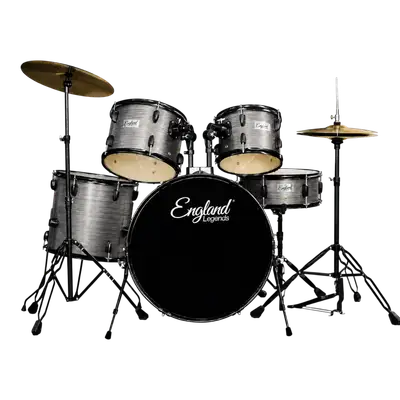 BATERIA ACUSTICA SET DE 5 PIEZAS COLOR MADERA GRIS Y HERRAJES COLOR NEGRO, INCLUYE SILLA  Y PLATILLOS