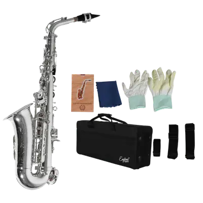 SAXOFON ALTO, ACABADO NIQUEL, INCLUYE ACCESORIOS COMO ESTUCHE,KIT DE LIMPIEZA, CORREA Y GUANTES BLANCOS