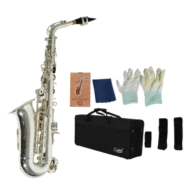 SAXOFON ALTO, ACABADO PLATEADO, INCLUYE ACCESORIOS COMO ESTUCHE,KIT DE LIMPIEZA, CORREA Y GUANTES BLANCOS