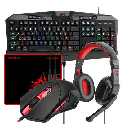 KIT GAMING 4 EN 1 DE TECLADO RETROILUMINADO CON CONECTOR USB Y MOUSE, 6 BOTONES, 3200 DPI, 7 COLORES RGB, AUDIFONOS ESTEREO Y MOUSEPAD
