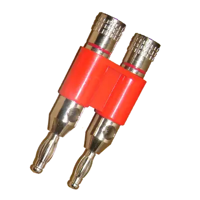 PLUG BANANA DORADO DOBLE, GRUESO, ROJO, PLASTICO